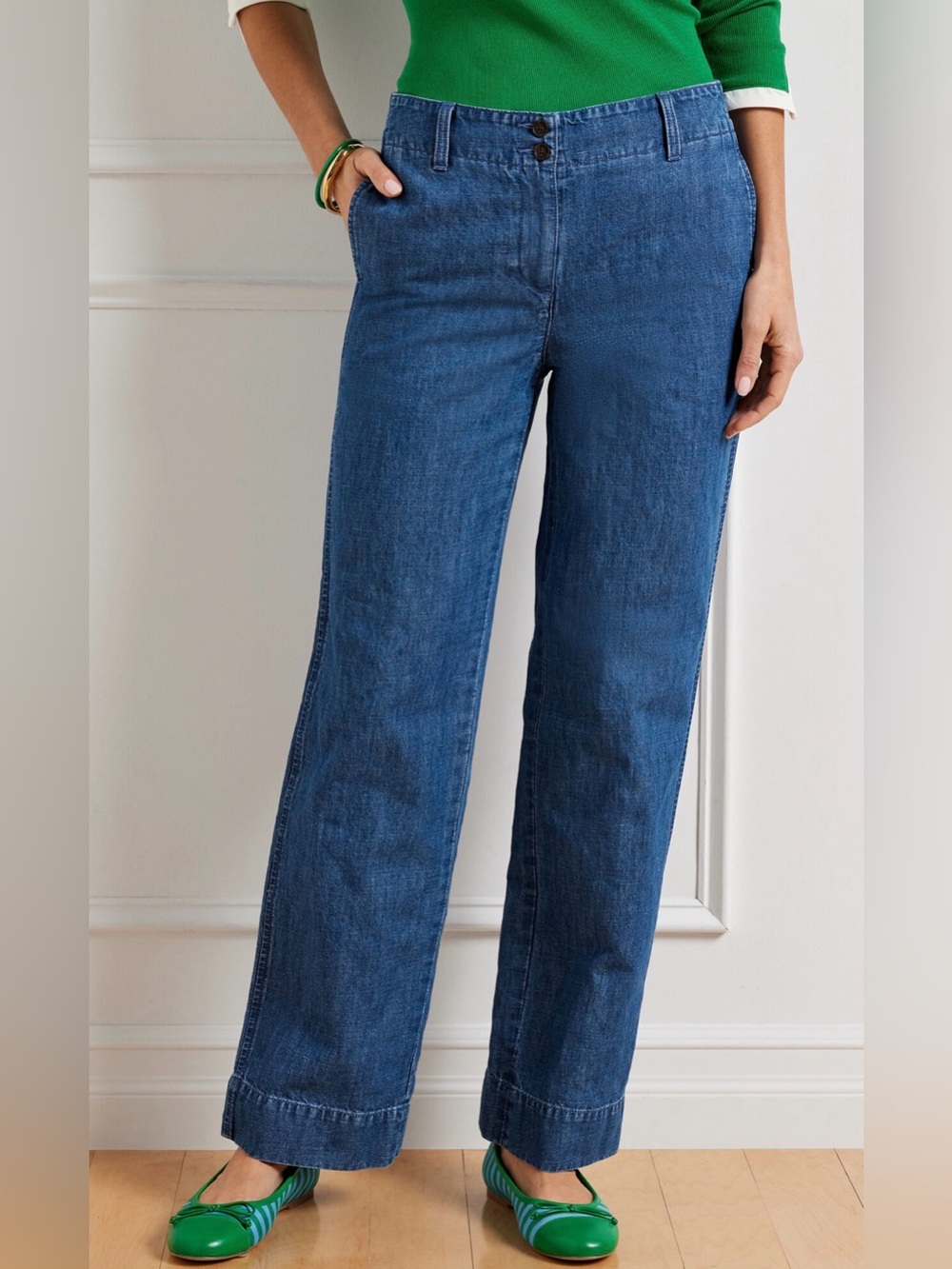 Talbots Womens 8P Blue Chambray Cotton Hemp Straight Leg Chino Pants Coastal NWT